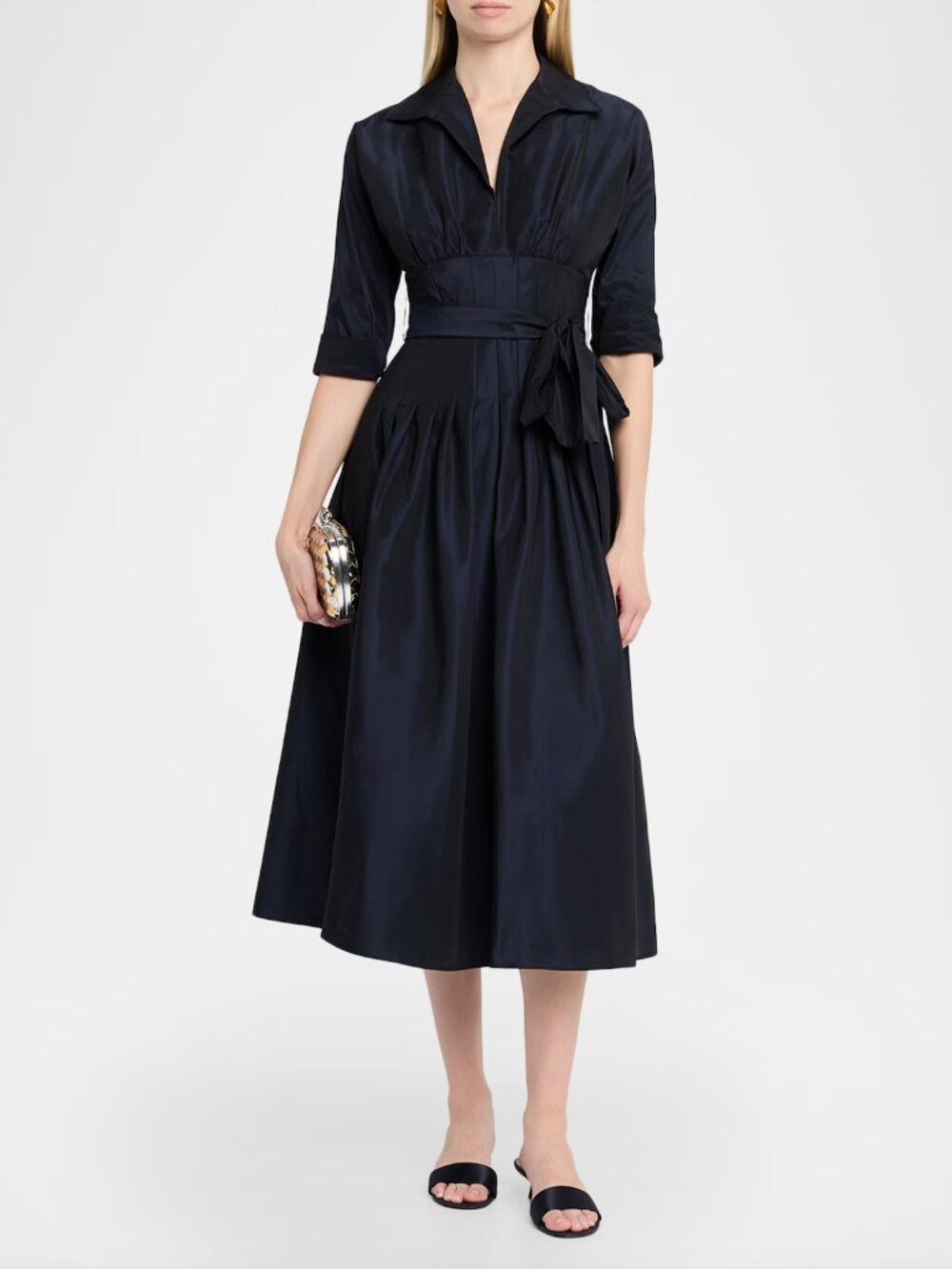 Rickie Freeman for Teri Jon Pleated A-Line Silk Elbow A-Line Midi Dress Black 12